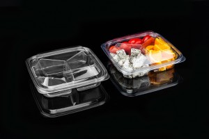 Factory wholesale Round 2 Compartment Transparent Take Out Containers Manufacturer – GLD-E03（transparent）400g square 3-compartment fruit cut salad Platter – Yihao