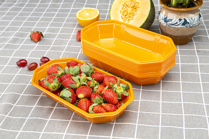 OEM Supply Square Disposable Bento Box Manufacturer – GLD-TP23-13（orange）New disposable pet transparent color plastic fruit and vegetable boat type tray mango packing box/Thermoformed tray...